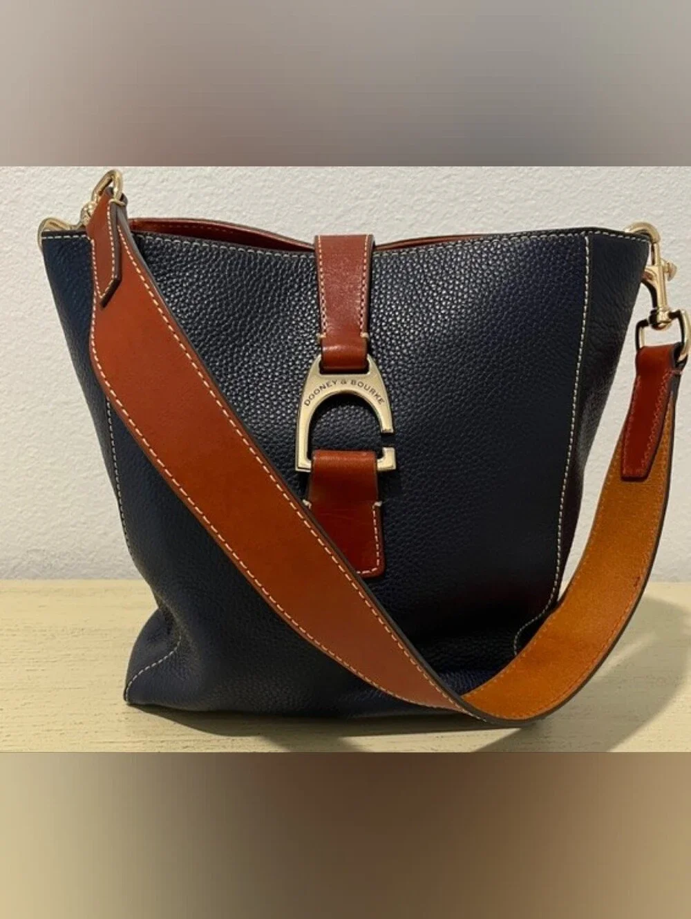 Dooney & Bourke Emerson Brynn Pebbled Navy W/British Tan Leather Hobo Bucket Bag